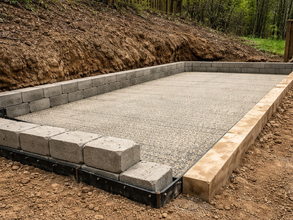 Downhill edge retaining blocks and forms installed on a slope before laying patio slabs.
