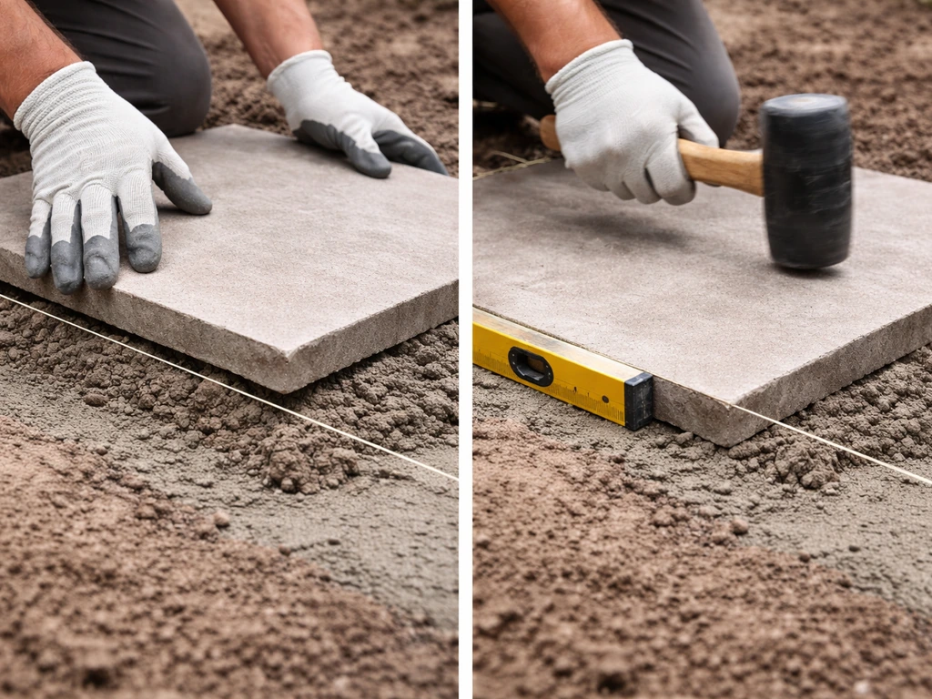 Gloved hands tap a patio slab into a mortar bed while checking level against string lines.
