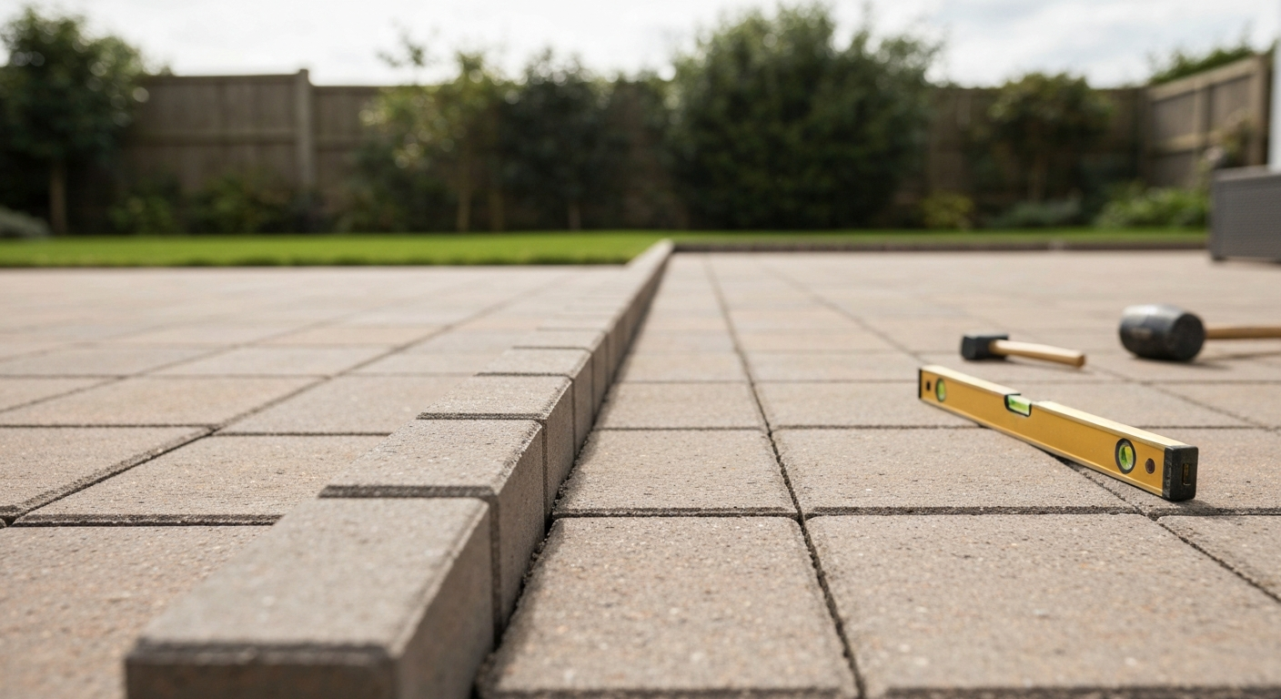 Finished garden patio with neat edging blocks and tools
