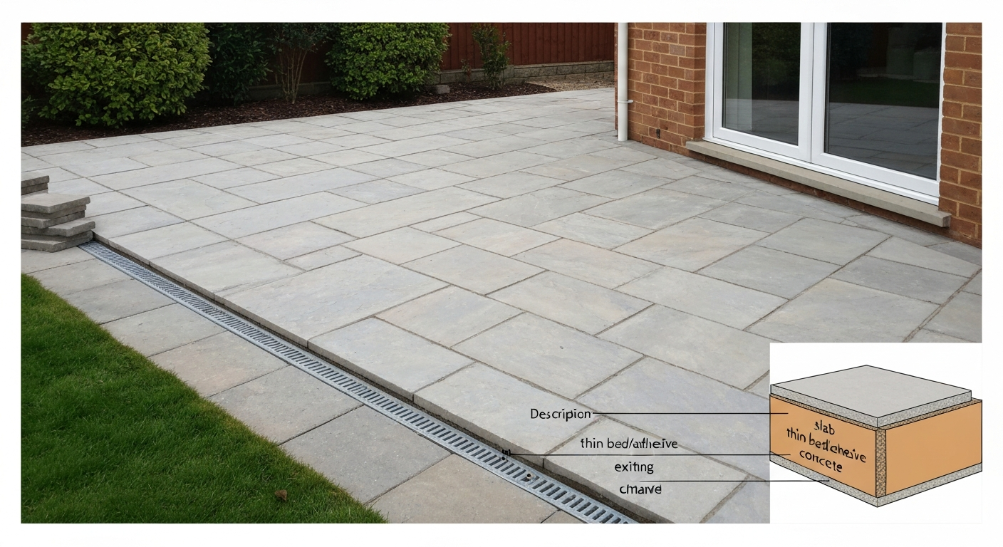 Finished patio slabs over an existing concrete base, neat joints and slight fall toward a drain; inset cross-section showing slab over concrete.