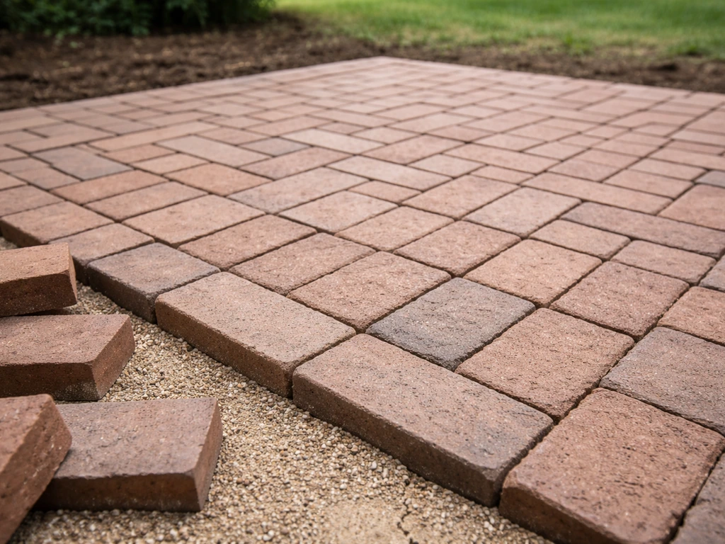 Dry-set brick patio with visible sand joints and no mortar, on a compacted gravel base