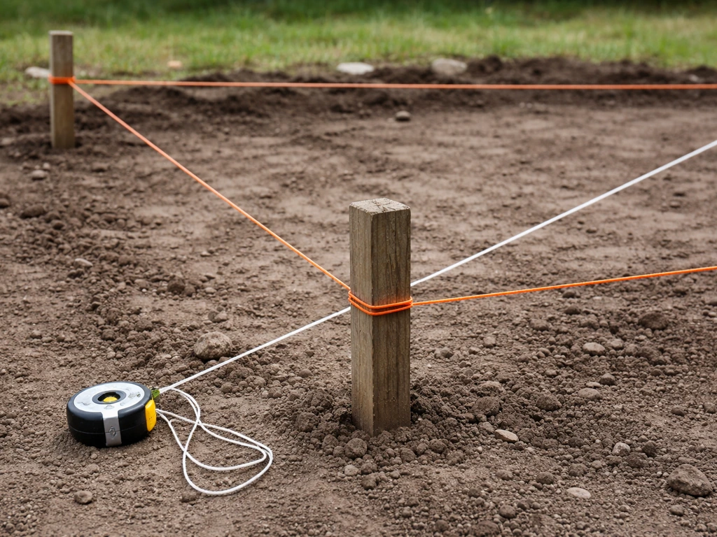 Close-up of wooden stakes with string line outlining a patio area, with diagonal measuring visible on the ground.