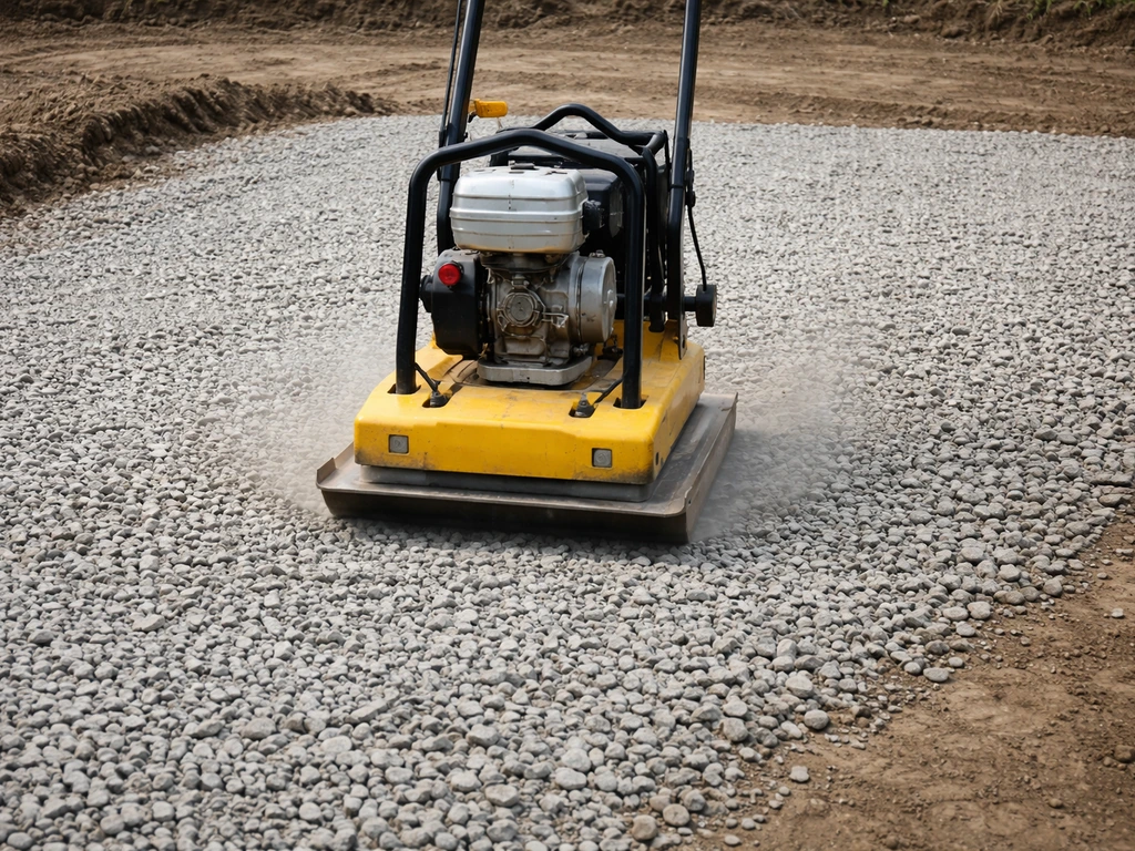 Rented plate compactor compressing freshly spread gravel on a leveled outdoor base