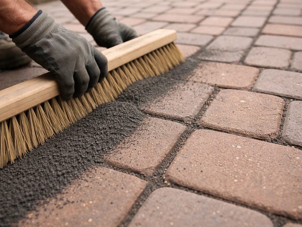 Close-up of a stiff broom sweeping polymeric joint sand into brick gaps