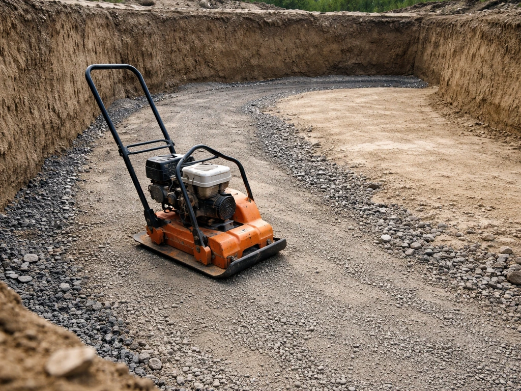 Plate compactor compacting Type 1 subbase in a curved foundation excavation.