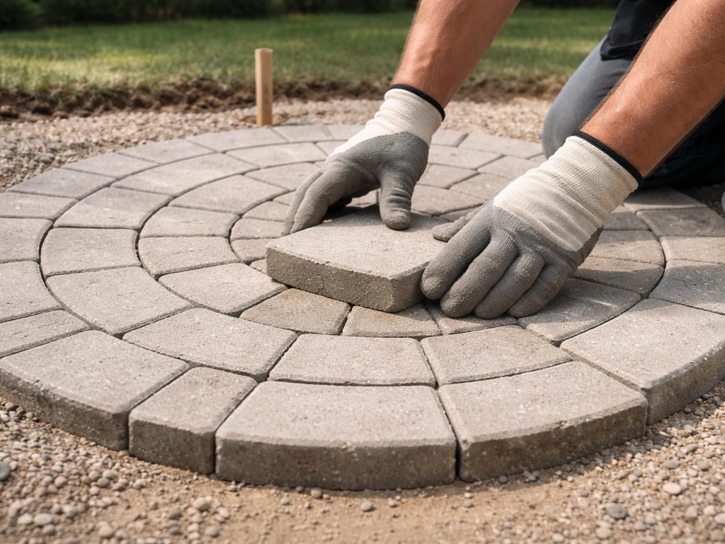 Hands placing a stone paver in a circular layout, starting from the center outward on a prepared base