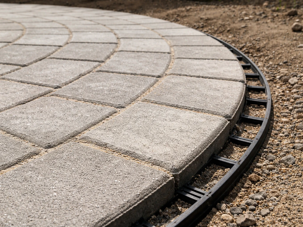 Close-up of a circular patio edge with curved plastic restraint and pavers aligned, joints filled with sand.