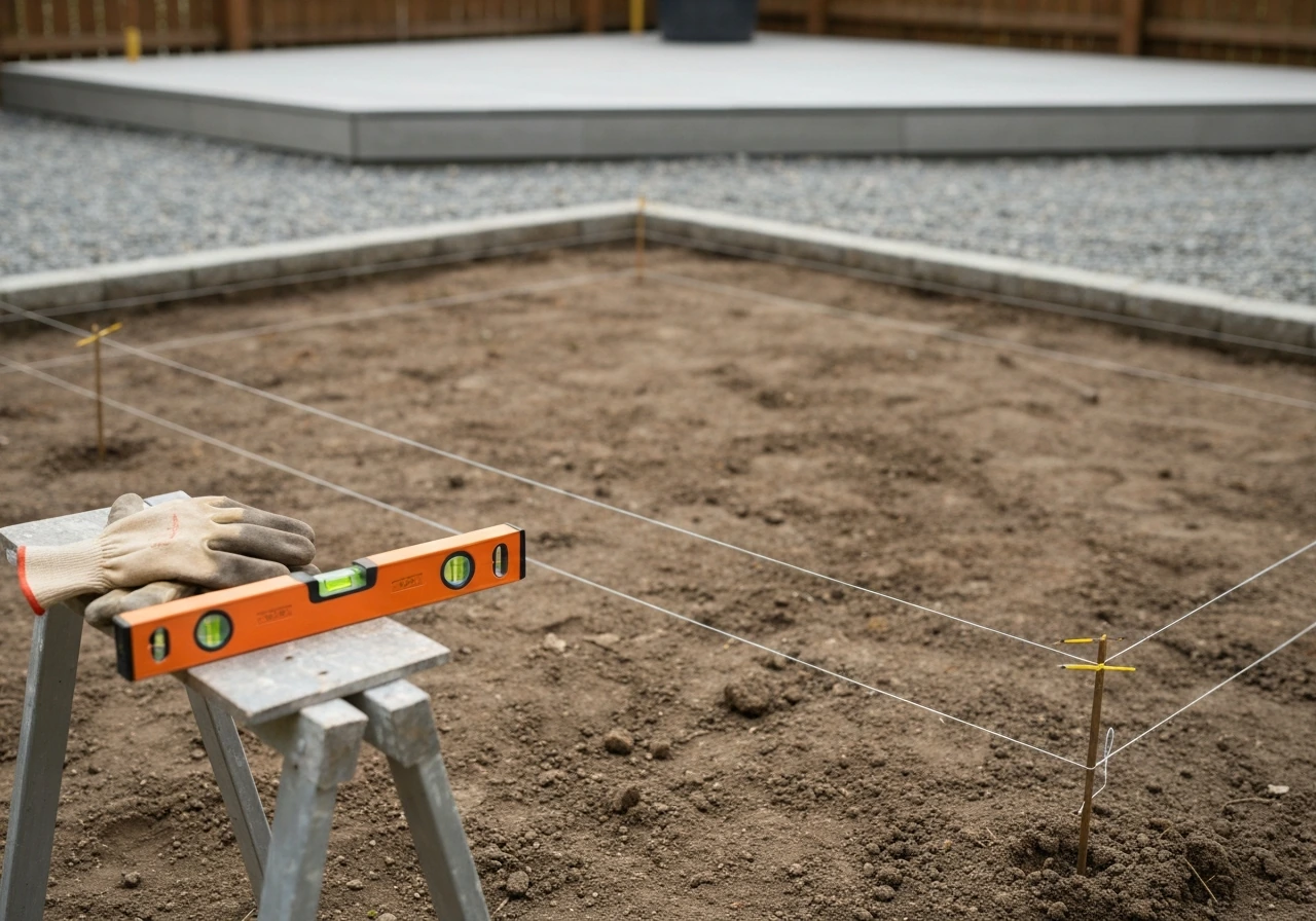 DIY patio measuring setup with string line, spirit level, and marked slope lines for drainage planning.