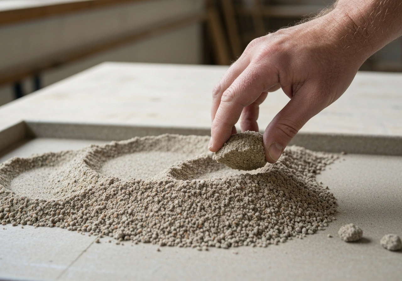 Close-up of sharp concrete sand with a hand gently testing sand moisture consistency