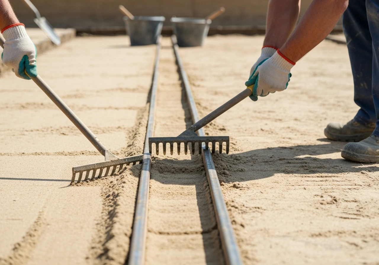 Worker using rake to level sand between two screed rails, then lightly compacting with a hand tamper.