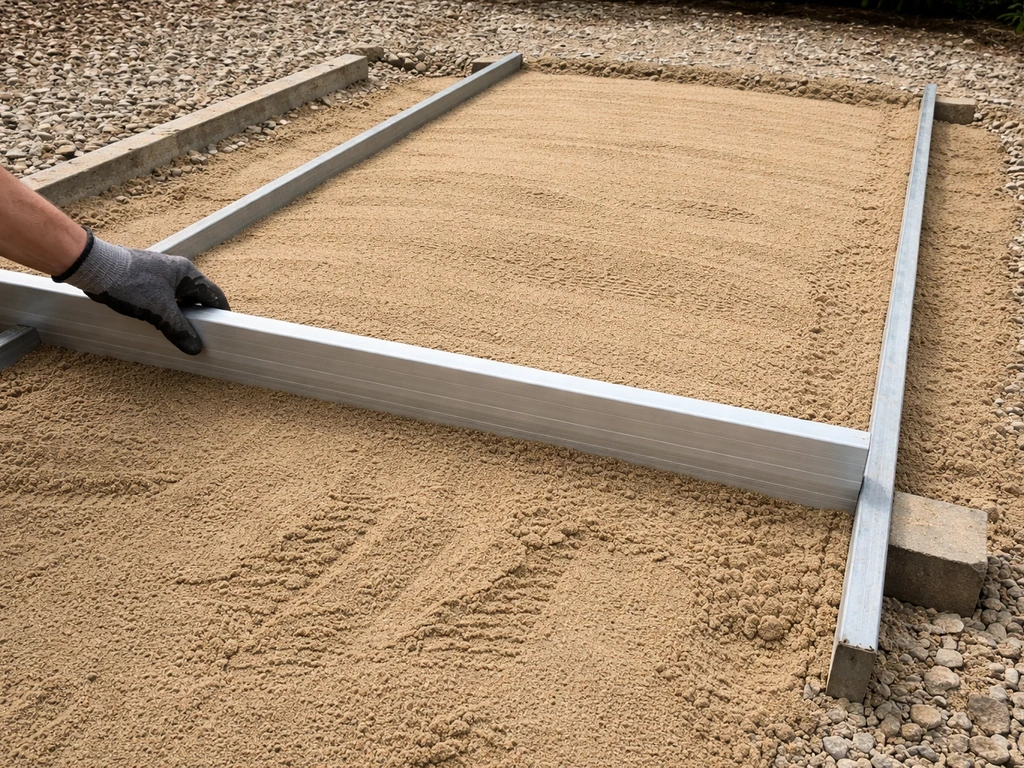 Worker using a screed rail to level bedding sand for patio paver blocks on a prepared base
