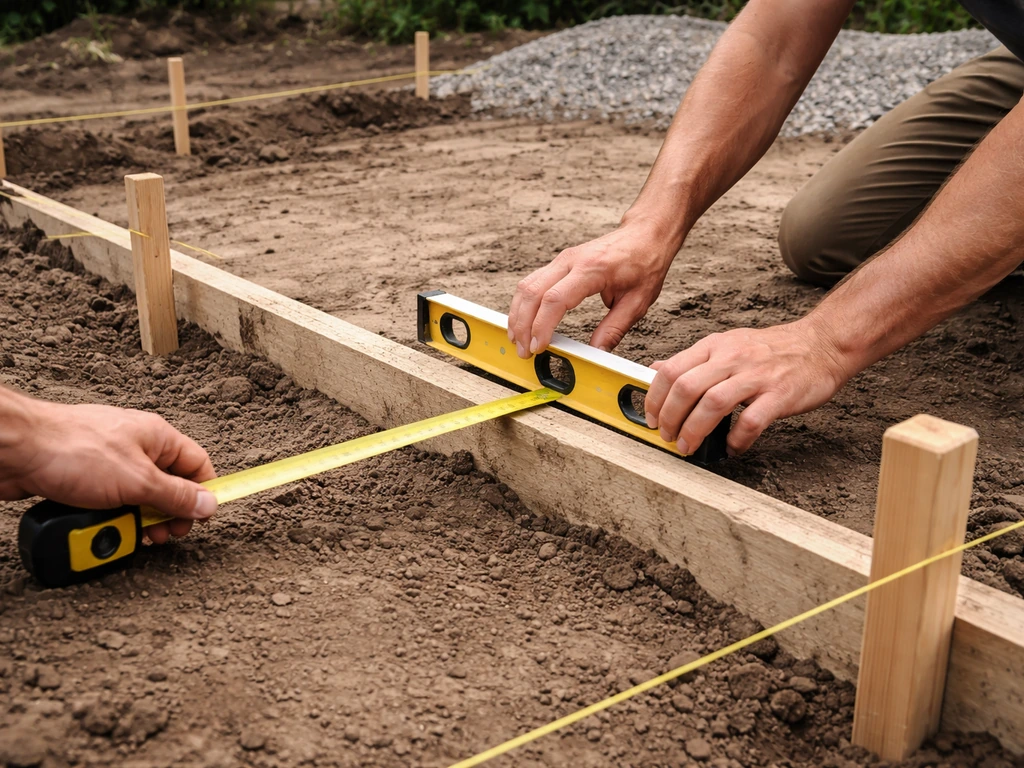 Hands using a level and measuring tape at a patio edge, with stakes showing a drainage slope plan