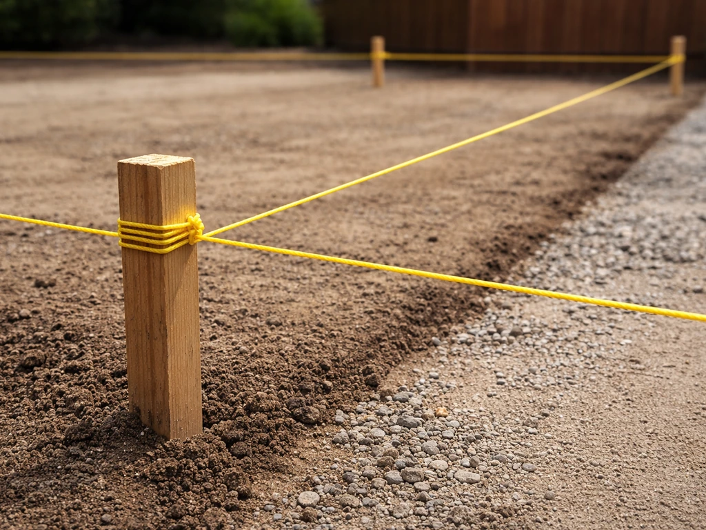 Close-up of taut string lines stretched between corner stakes marking patio finished height.