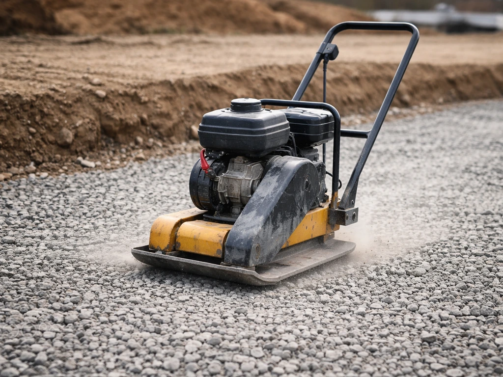 Vibratory plate compactor working on a freshly laid crushed-stone base at a construction site