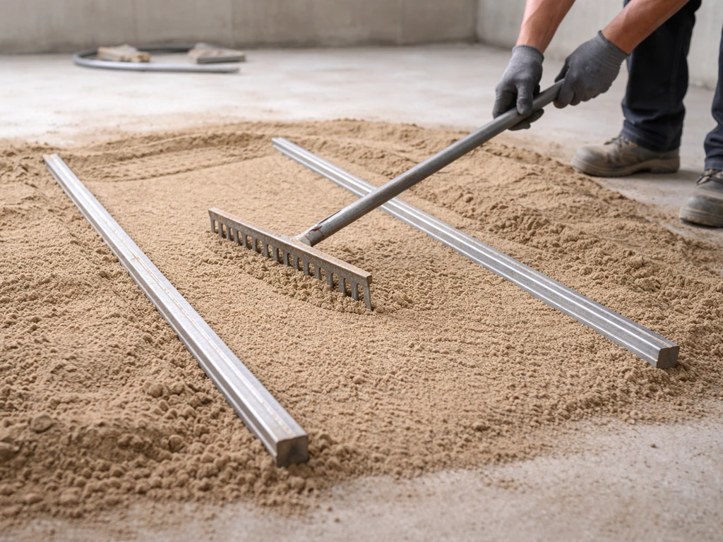 Worker’s hands leveling sand on a concrete floor with two metal screed rails ready for screeding.