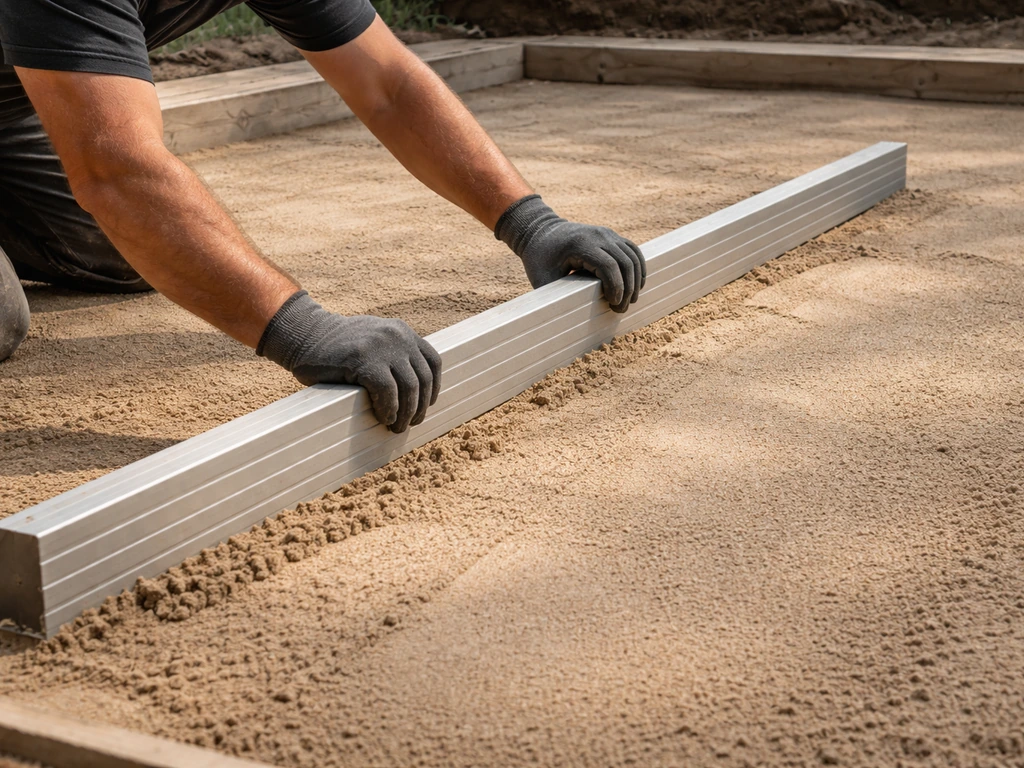 Worker checks screeded sand flatness with a long level, spotting high and low areas to correct