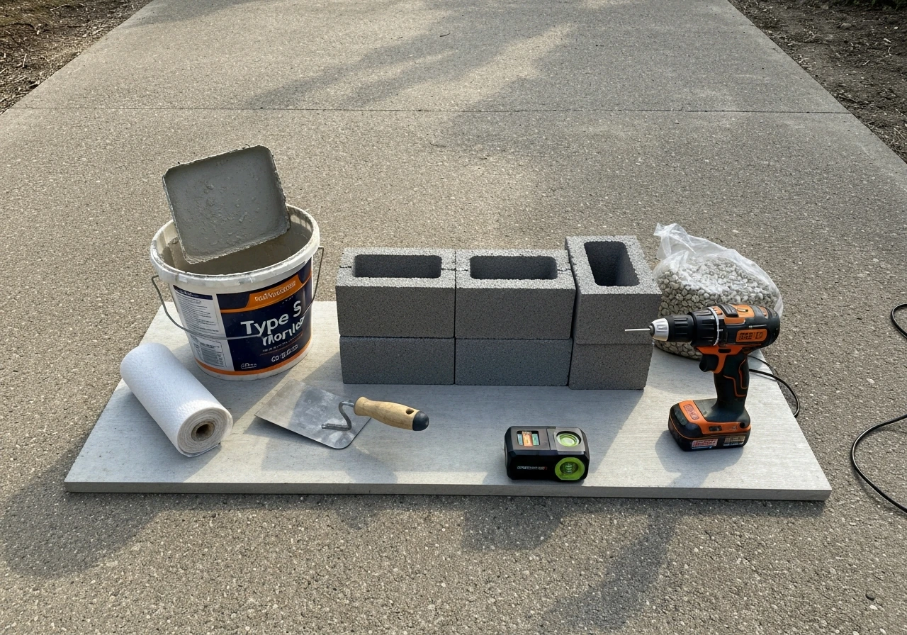 Concrete cinder blocks and DIY tools/mortar laid out neatly on-site for a block project.