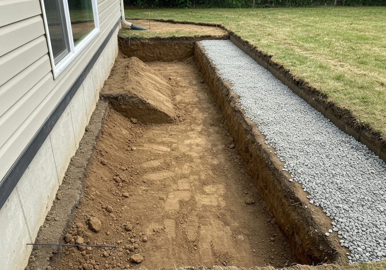 Graded and drained excavated backyard base for cinder block patio steps, slope away from house.