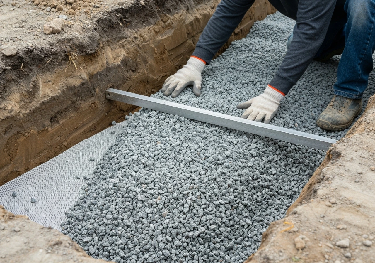 Handy straightedge across a level excavated trench with compacted gravel and geotextile fabric visible.