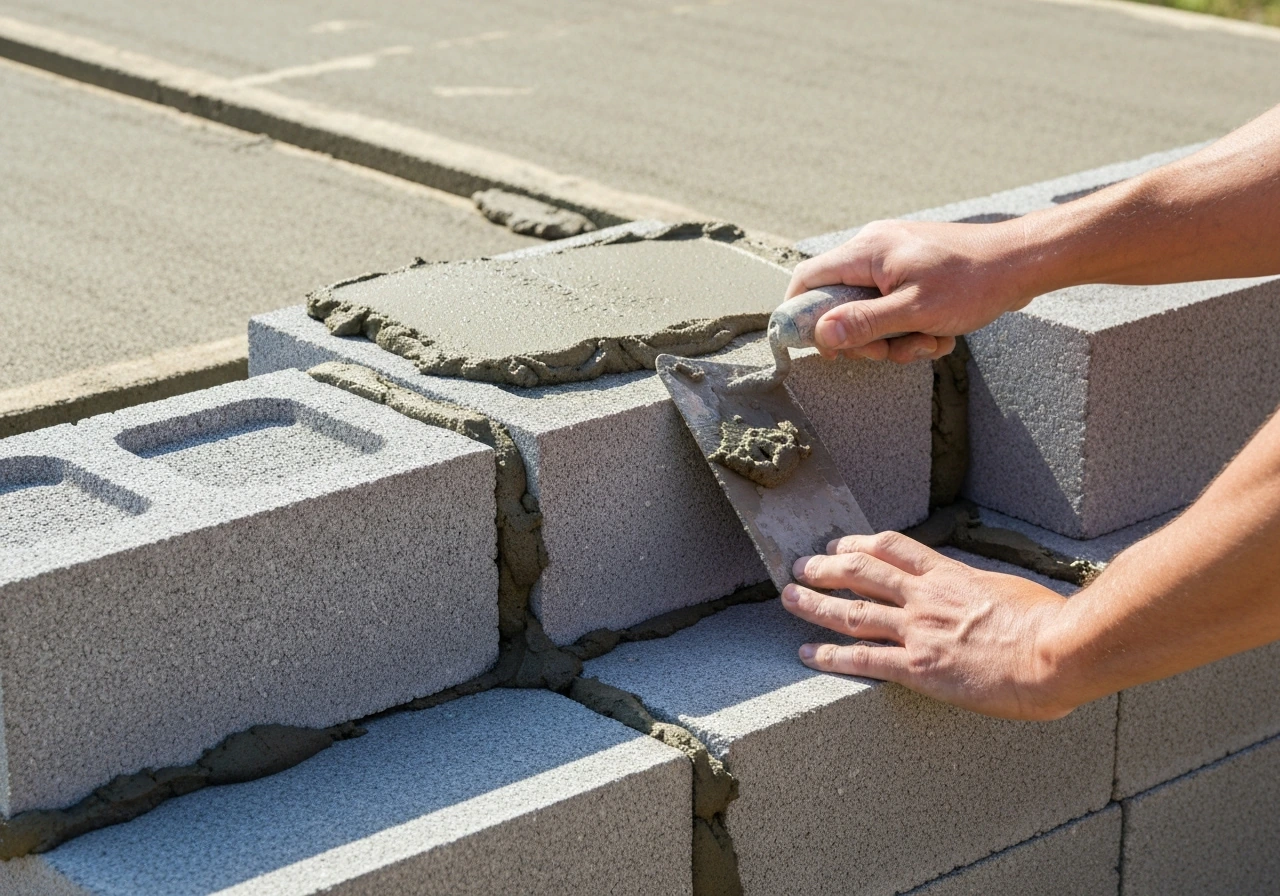 Mason’s anonymous hands place a concrete block course on fresh mortar, keeping a consistent joint height.