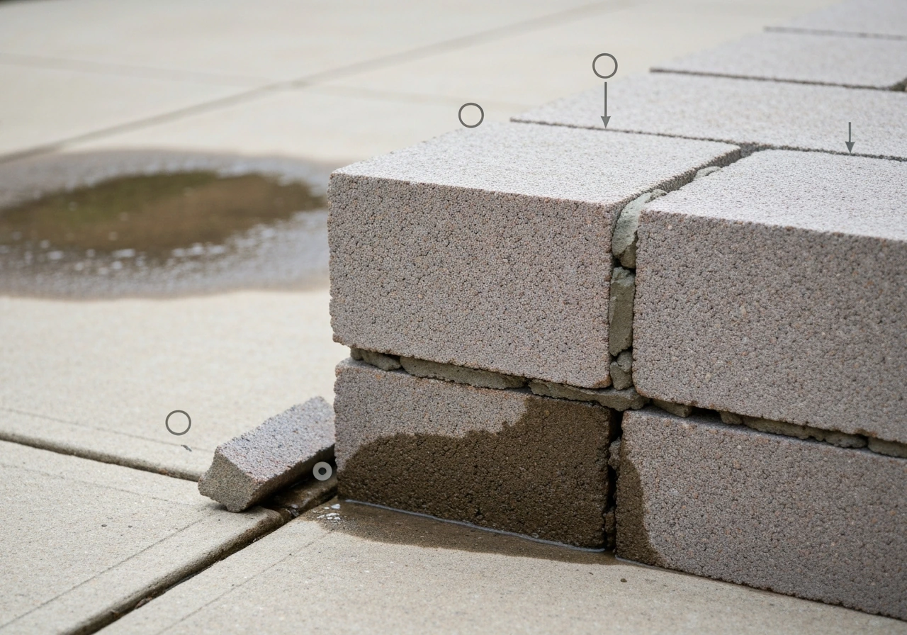 Close-up of cracked mortar and uneven cinder block steps outdoors with signs of water and misalignment.