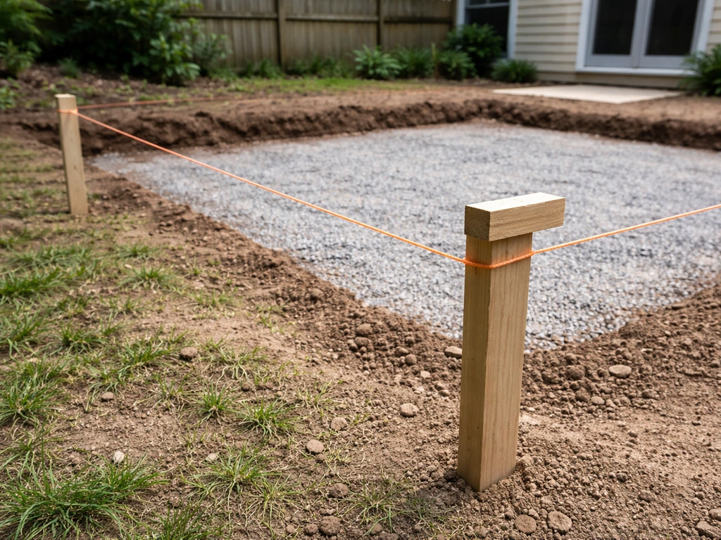 Wood stakes with taut string lines marking a patio perimeter height above an excavated gravel subbase.
