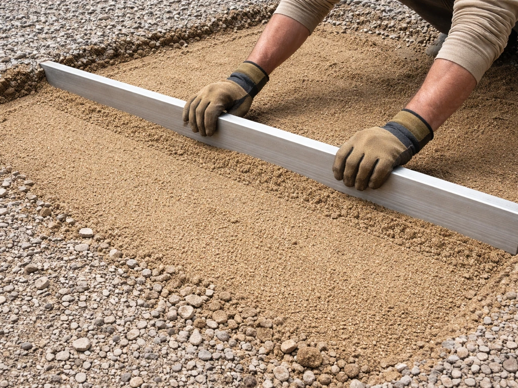 Gloved hands spread and screed coarse sand over compacted gravel for paver bedding leveling.