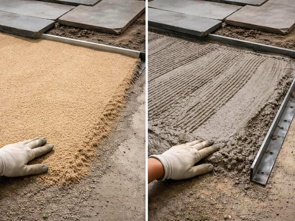 Side-by-side patio base setup showing dry-set sand bedding and a mortar/adhesive bed with paver edges.