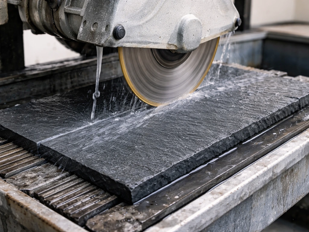 Wet diamond saw actively cutting a slate paver, water spraying along the cut line.