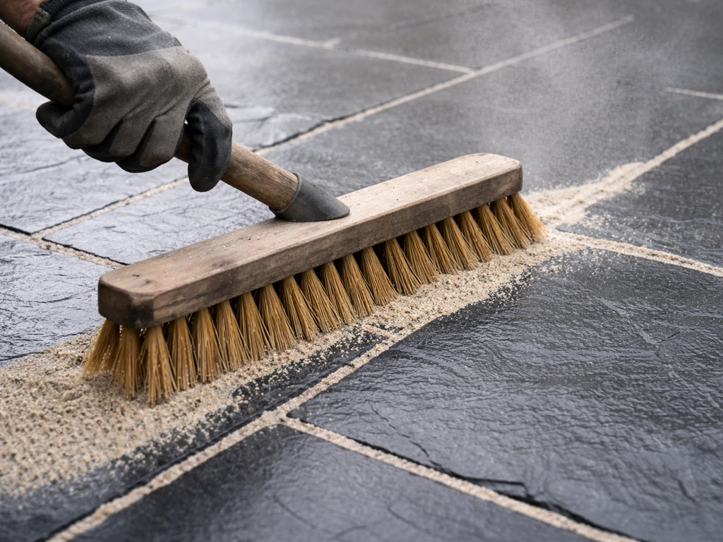 Hand sweeping polymeric jointing sand into slate patio joints, followed by light misting for activation.