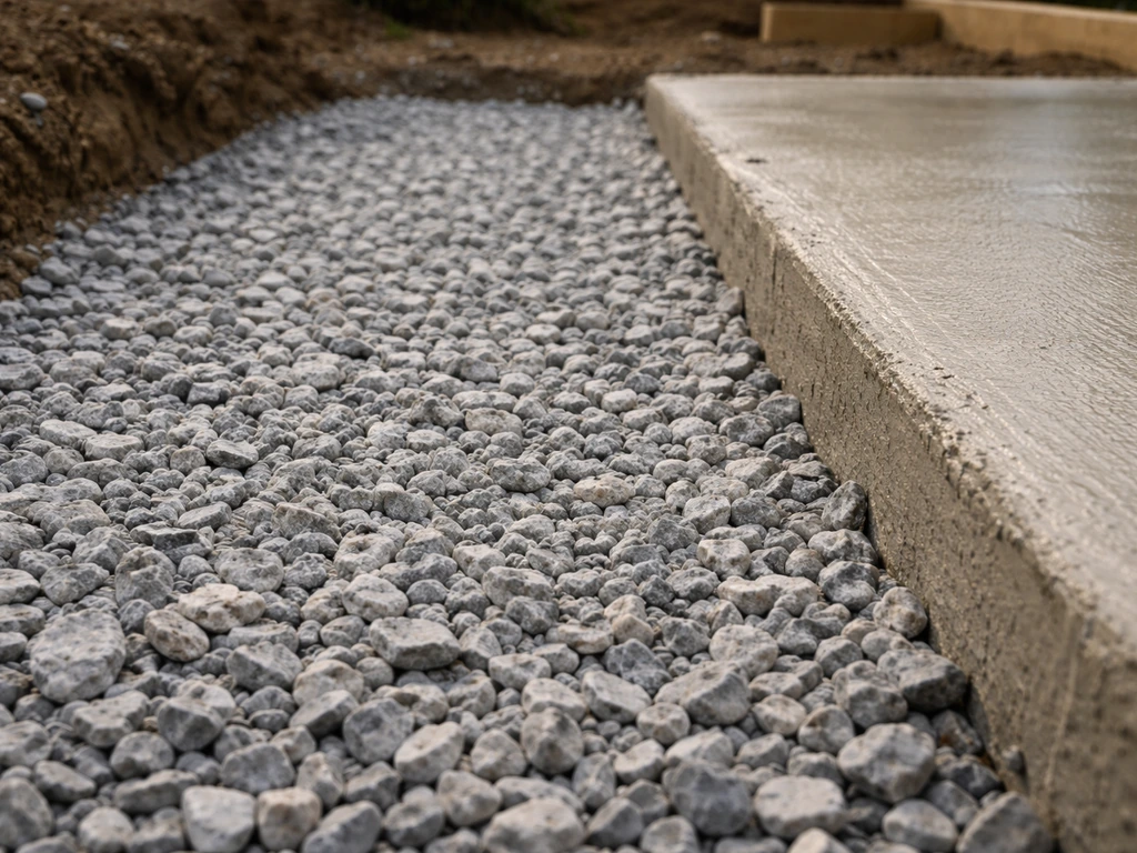 Compacted angular crushed stone base beside a freshly poured concrete footing edge.