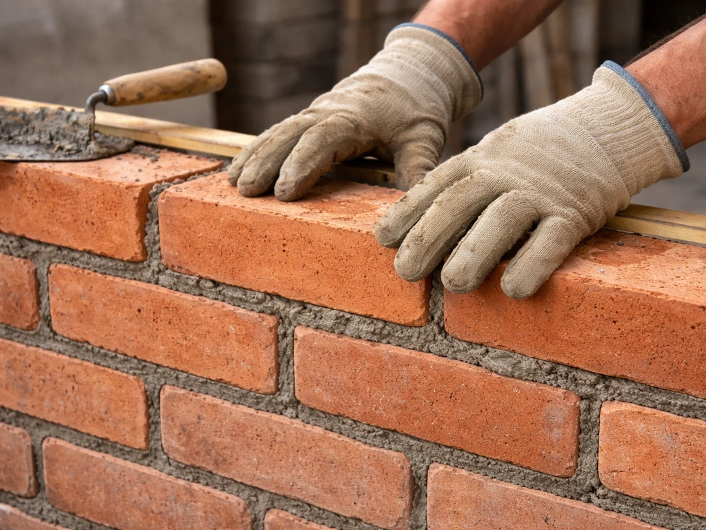 Gloved hands laying a running-bond brick course with 3/8-inch mortar joints and a level line for alignment.