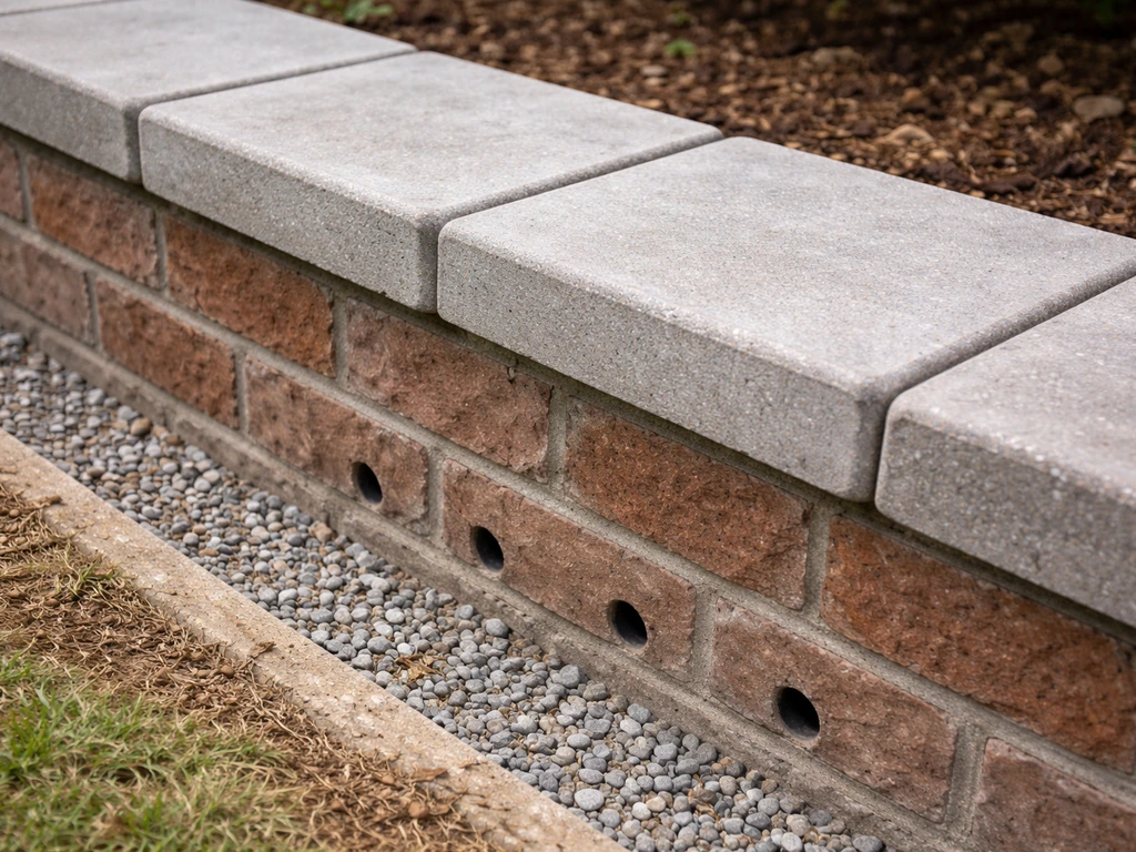 Brick wall top with installed coping bricks and a visible drainage/weep-hole area