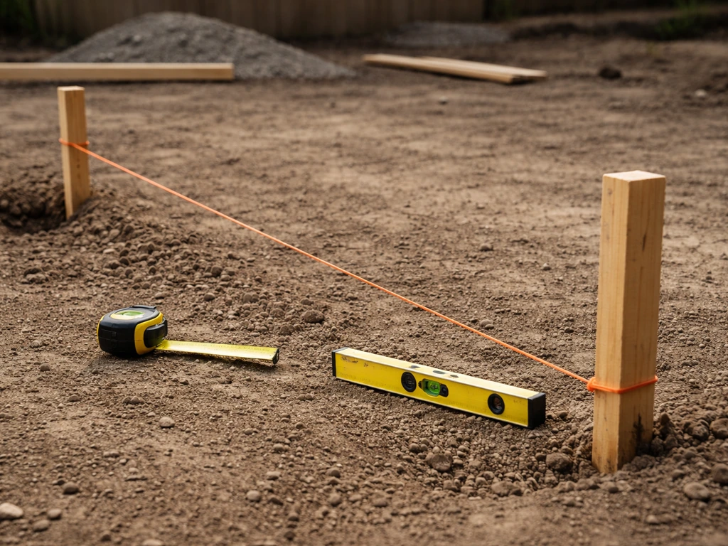 Backyard patio corner with taut string line between stakes and a spirit level for leveling.