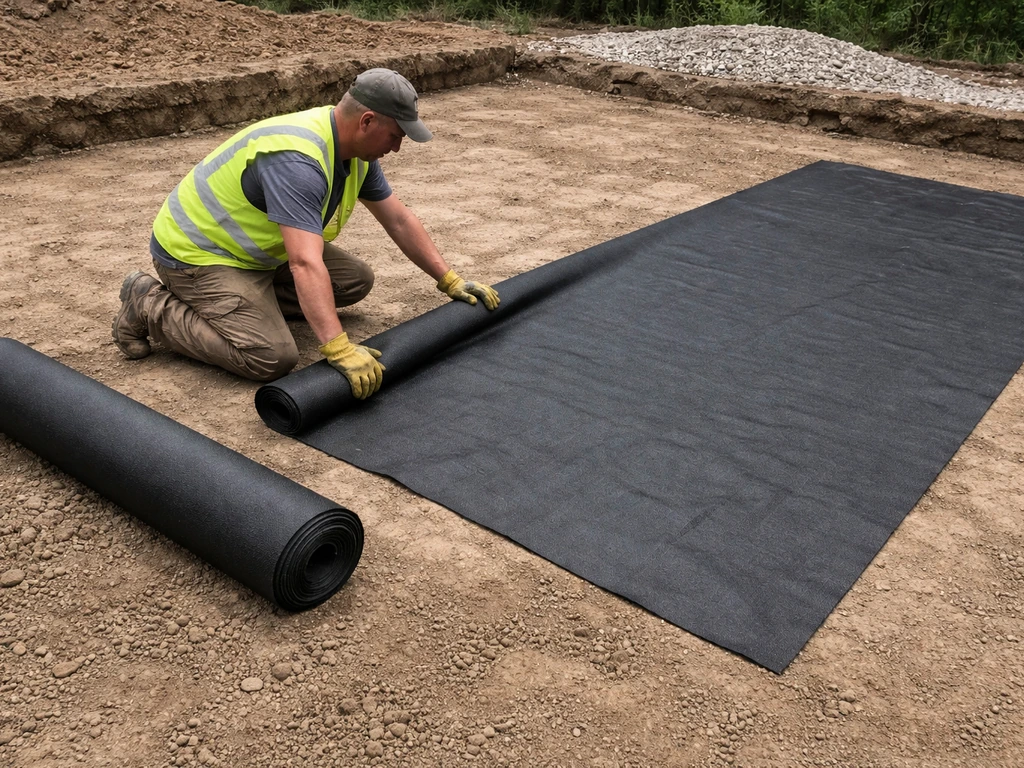 Worker laying black geotextile membrane over prepared subgrade for a patio base