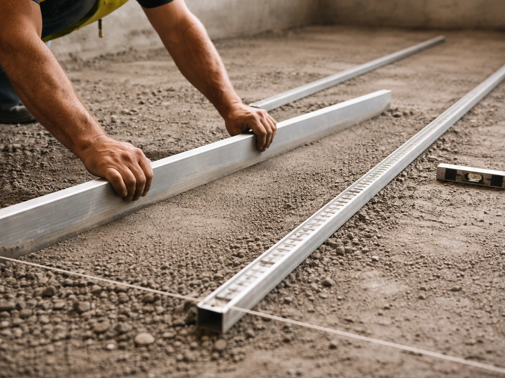 Construction worker uses a long straight-edge on screed rails while checking flatness with a string line.
