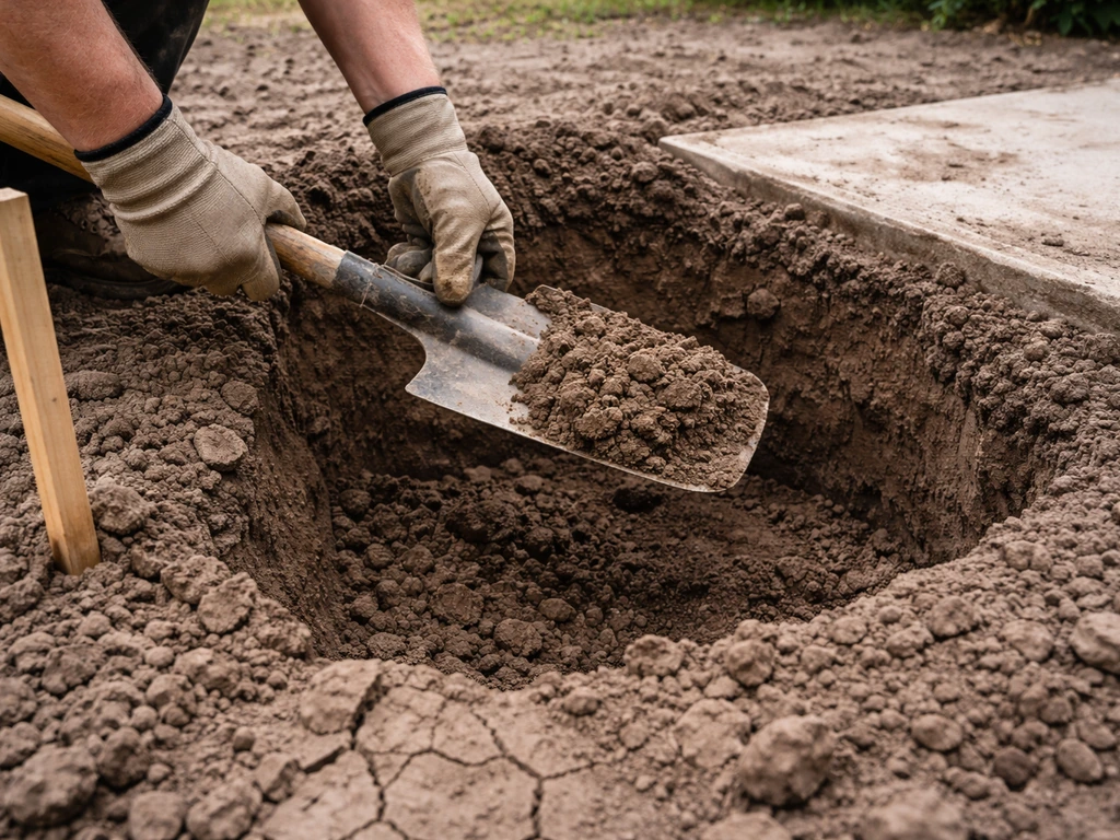 Gloved hands digging a low soft spot in clay soil for patio repair