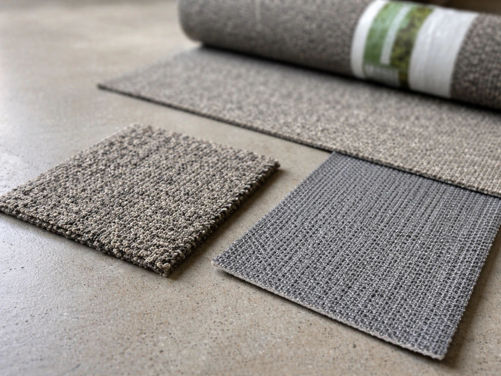 Close-up of outdoor patio carpet swatches showing solution-dyed polypropylene pile and drainage backing.