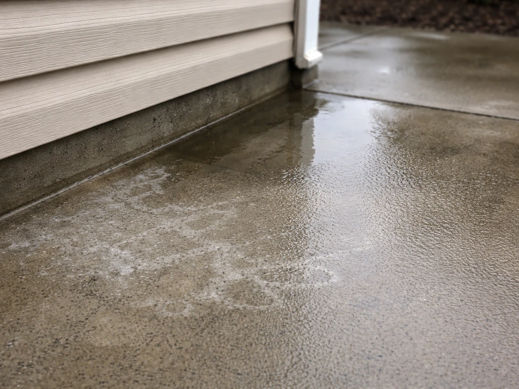 Wet concrete patio with standing water and faint white mineral deposits near the house foundation.