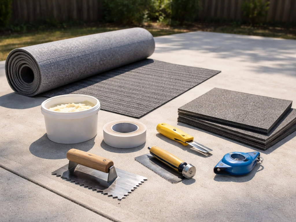 Outdoor carpet installation tools laid out neatly on a concrete patio.