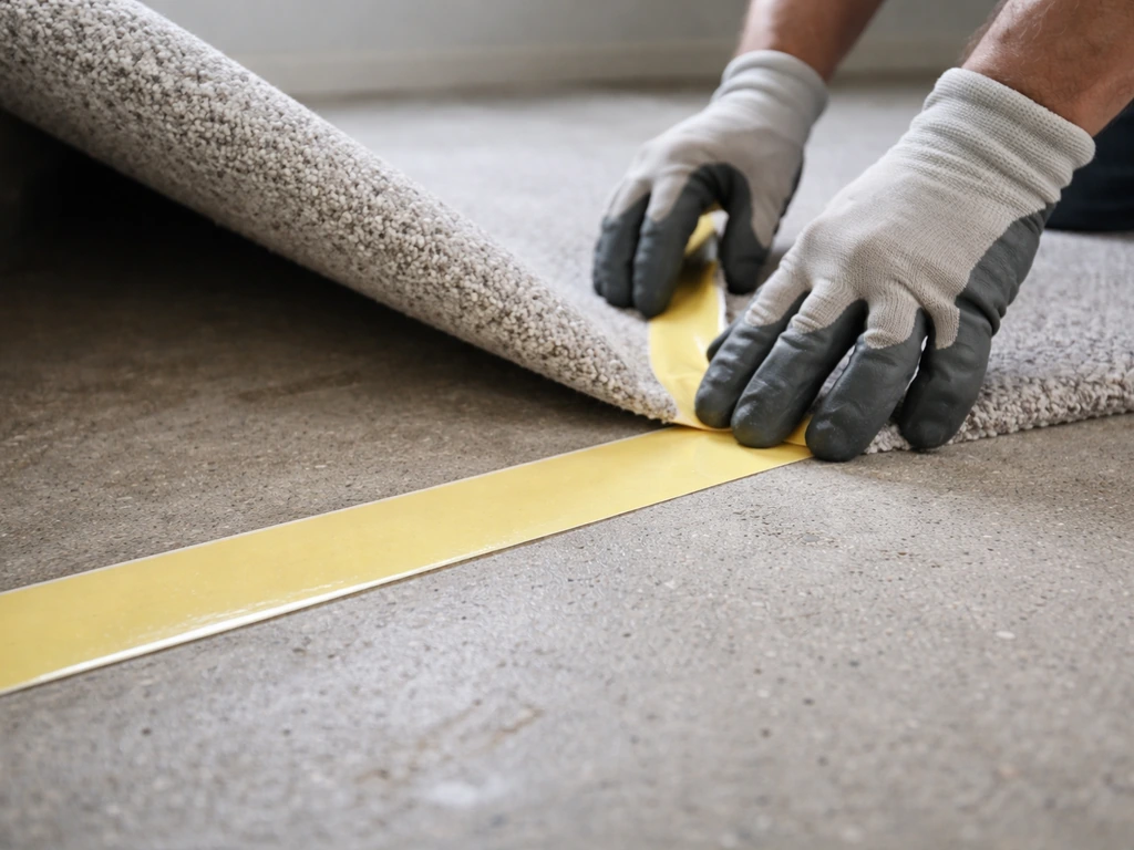 Gloved hands lift a roll carpet edge on concrete and apply heavy-duty outdoor double-sided tape along the perimeter.