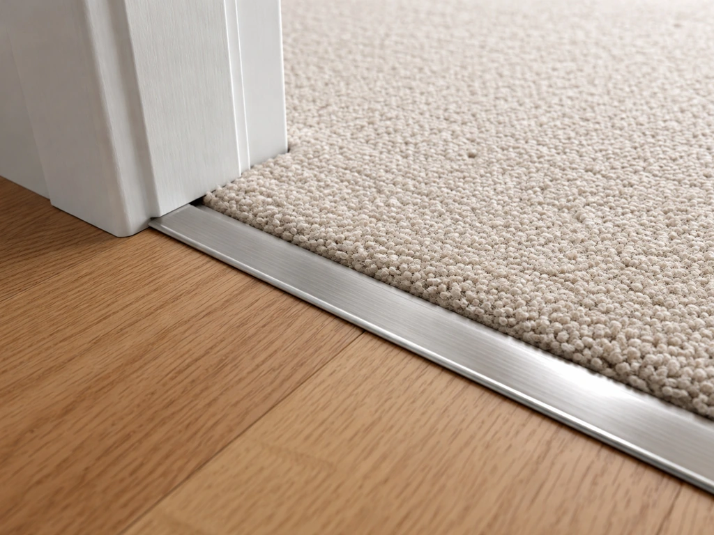 Neatly trimmed carpet edge at a doorway transition with a flush threshold strip and aligned seam.
