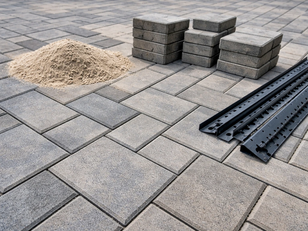 Close-up of concrete interlocking patio pavers with bedding sand and edging strips laid out neatly.