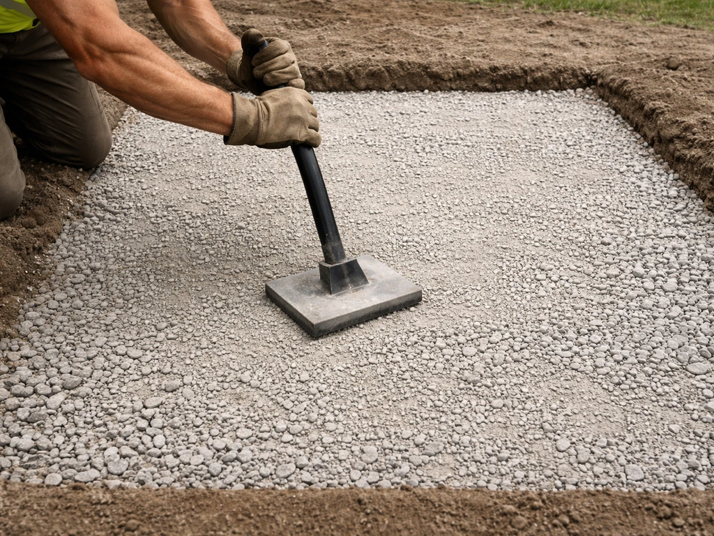 Worker leveling a compacted crushed-stone subbase in an excavated patio area, ready for bedding sand.