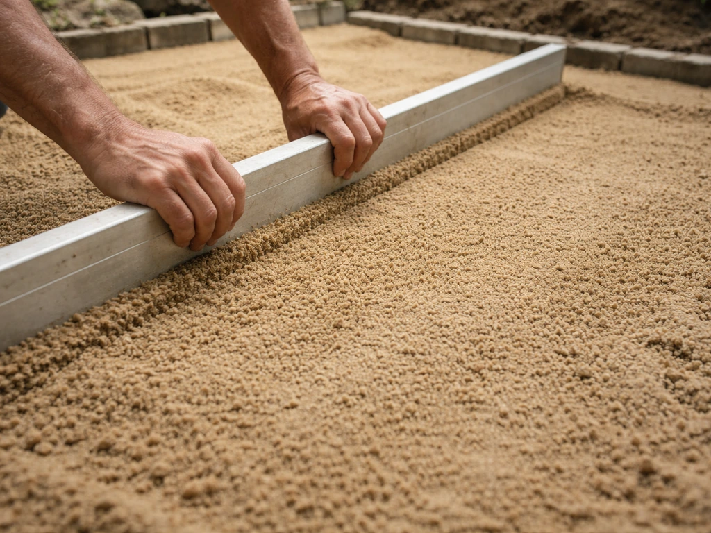 Hands leveling coarse bedding sand with a straight screed board over a prepared patio base.