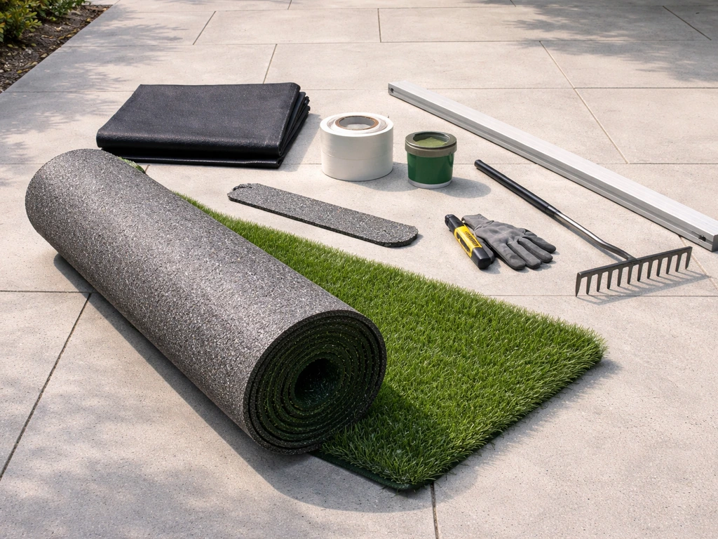 Patio turf install tools and materials laid out neatly on a clean outdoor surface