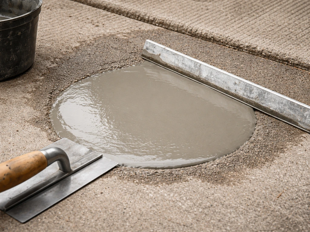Concrete patio low spot filled with self-levelling compound and smoothed with a trowel and straightedge.