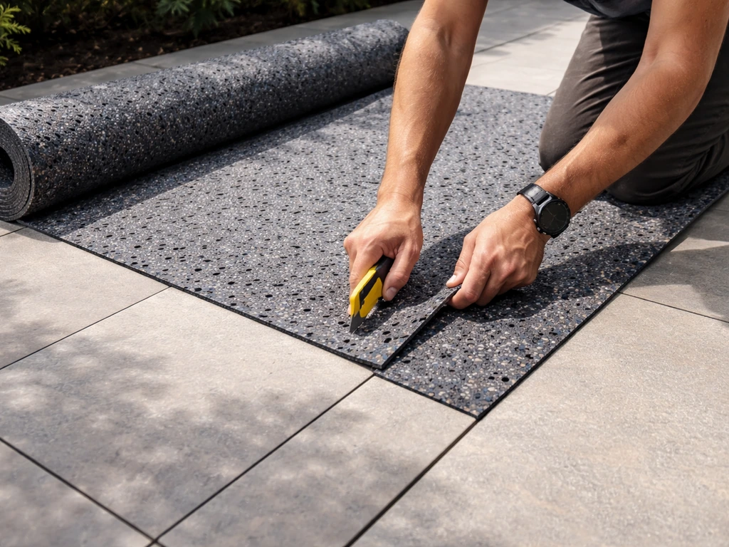 Hands roll out and trim a drainage underlay/shock-pad across an outdoor patio
