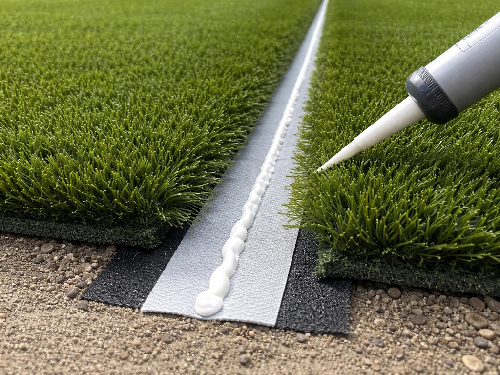 Close-up of two aligned turf pieces joined with seam tape and adhesive along the seam.