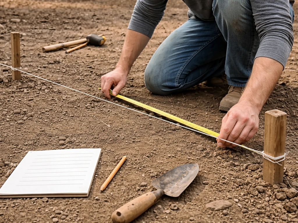 Person kneeling by patio layout, sketching footprint lines on the ground with tape measure and string